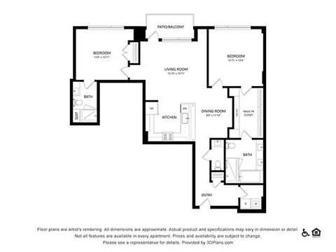 Floor plan for 2 beds, 2.5 baths, 1296 sqft