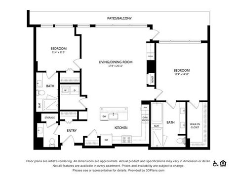Floor plan for 2 beds, 2.5 baths, 1391 sqft