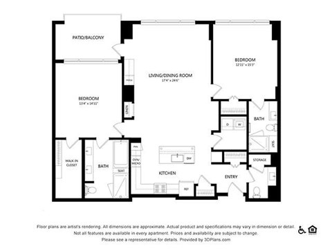 Floor plan for 2 beds, 2.5 baths, 1480 sqft