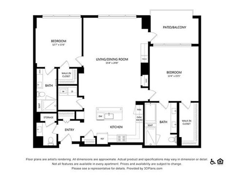 Floor plan for 2 beds, 2.5 baths, 1507 sqft