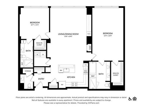 Floor plan for 2 beds, 2.5 baths, 1534 sqft