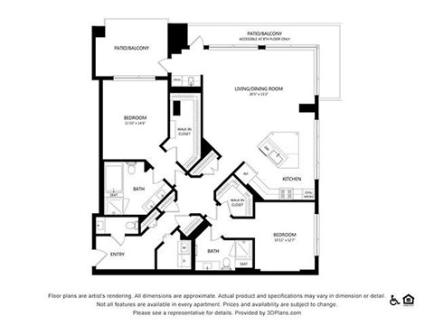 Floor plan for 2 beds, 2.5 baths, 1612 sqft
