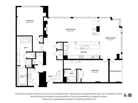 Floor plan for 2 beds, 2.5 baths, 2964 sqft