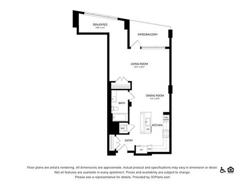 Floor plan for studio, 1 bath, 819 sqft