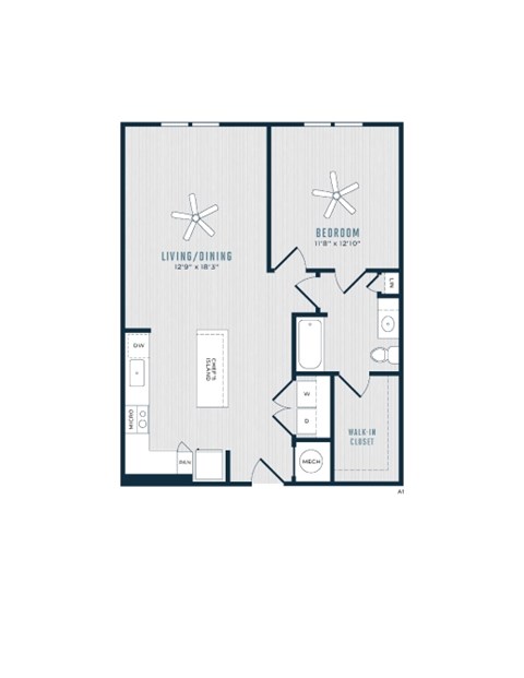 Floor plan for 1 bed, 1 bath, 848 sqft