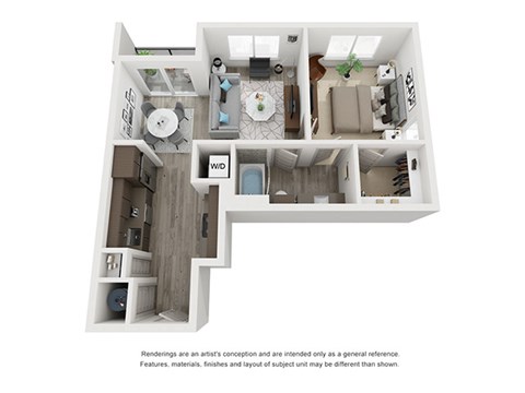Floor plan for 1 bed, 1 bath, 673 sqft