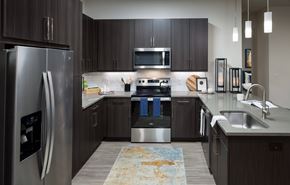 Dallas apartment for rent - a kitchen with stainless steel appliances and dark wood cabinets