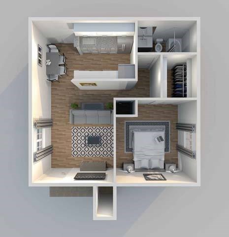 Floor plan for 1 bed, 1 bath, 656 sqft