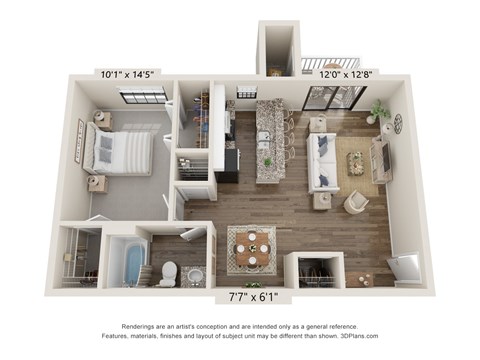 Floor plan for 1 bed, 1 bath, 800 sqft