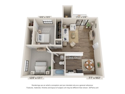Floor plan for 2 beds, 1 bath, 940 sqft