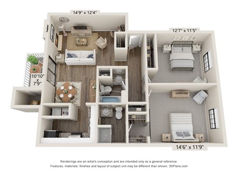 Floor plan for 2 beds, 2 baths, 1000 sqft