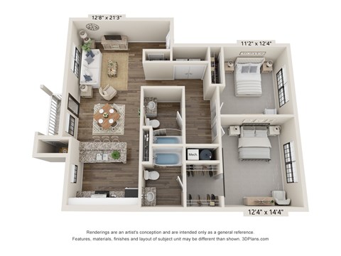 Floor plan for 2 beds, 2 baths, 1116 sqft
