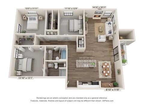 Floor plan for 3 beds, 2 baths, 1200 sqft