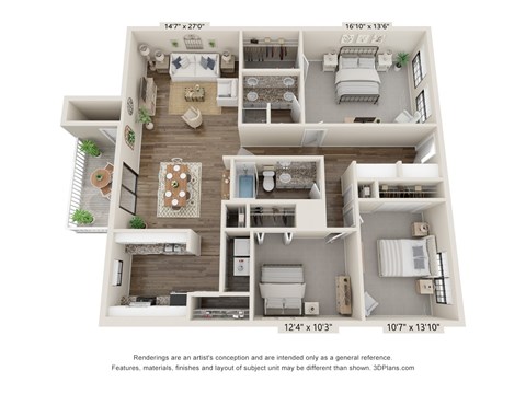 Floor plan for 3 beds, 2 baths, 1500 sqft