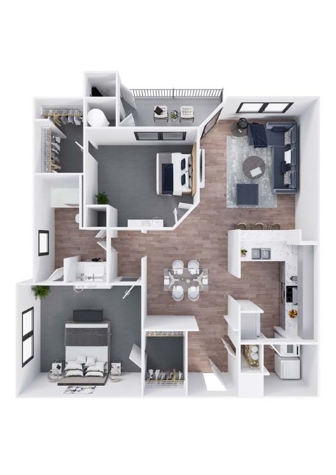 Floor plan for 2 beds, 1 bath, 964 sqft