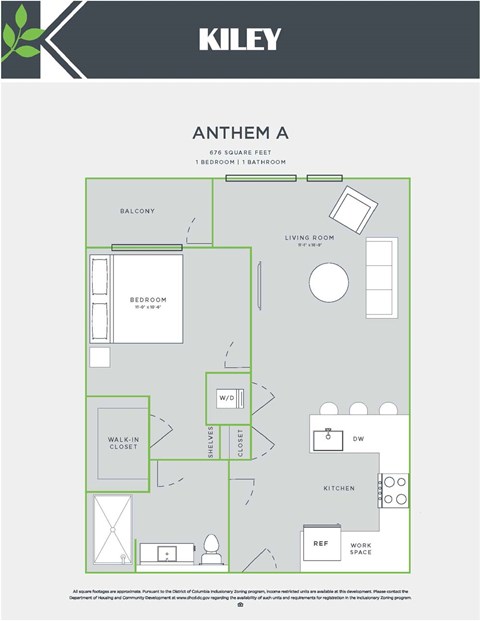 Floor plan for 1 bed, 1 bath, 688 sqft