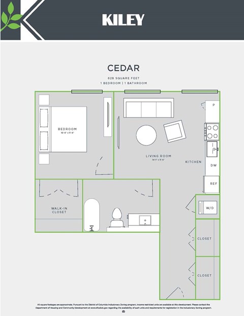 Floor plan for 1 bed, 1 bath, 718 sqft