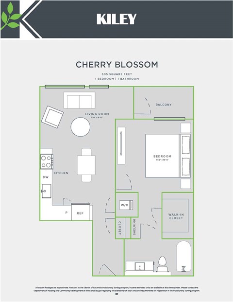Floor plan for 1 bed, 1 bath, 609 sqft