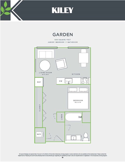 Floor plan for 1 bed, 1 bath, 509 sqft