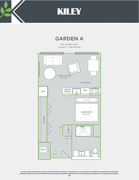 Floor plan for 1 bed, 1 bath, 509 sqft
