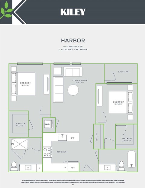 Floor plan for 2 beds, 2 baths, 1007 sqft