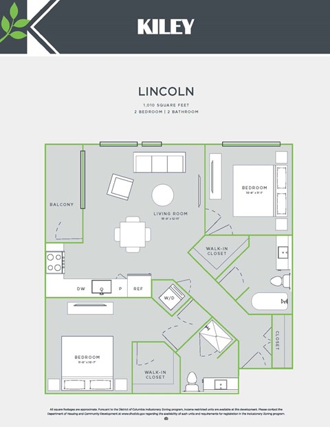 Floor plan for 2 beds, 2 baths, 1010 sqft