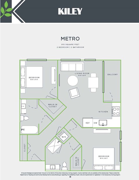 Floor plan for 2 beds, 2 baths, 910 sqft