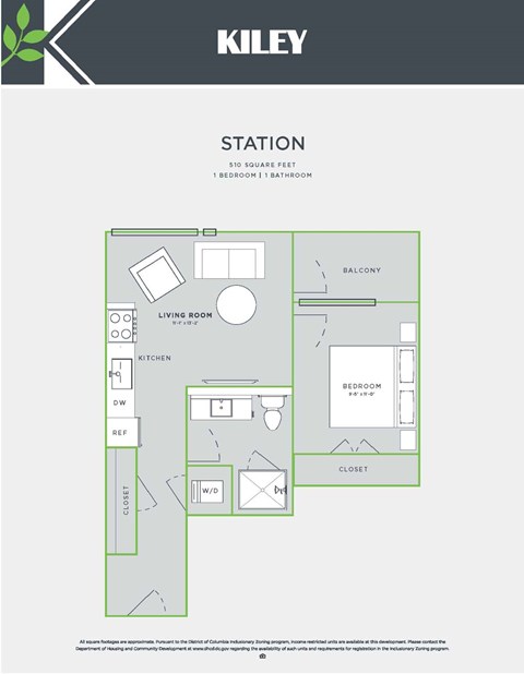 Floor plan for 1 bed, 1 bath, 510 sqft