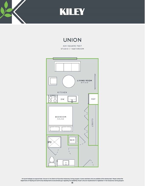 Floor plan for studio, 1 bath, 426 sqft