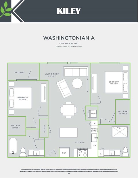 Floor plan for 2 beds, 2 baths, 1098 sqft