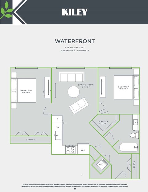Floor plan for 2 beds, 1 bath, 841 sqft