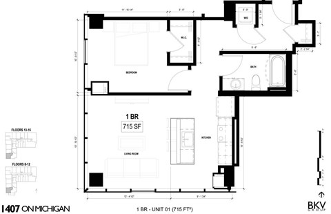 Floor plan for 1 bed, 1 bath, 715 sqft