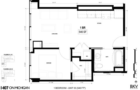 Floor plan for 1 bed, 1 bath, 546 sqft