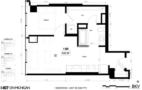 Floor plan for 1 bed, 1 bath, 546 sqft
