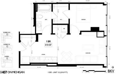 Floor plan for 1 bed, 1 bath, 619 sqft