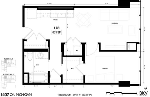 Floor plan for 1 bed, 1 bath, 633 sqft