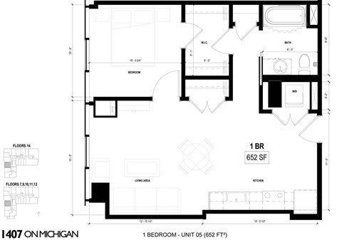 Floor plan for 1 bed, 1 bath, 652 sqft