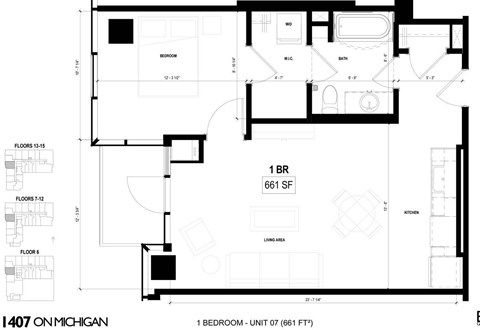 Floor plan for 1 bed, 1 bath, 661 sqft