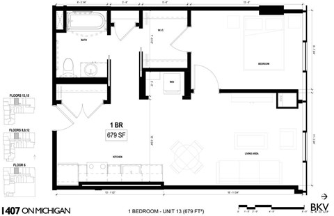 Floor plan for 1 bed, 1 bath, 679 sqft