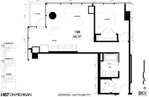 Floor plan for 1 bed, 1 bath, 682 sqft