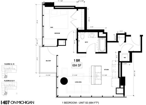 Floor plan for 1 bed, 1 bath, 684 sqft