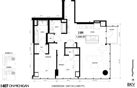 Floor plan for 2 beds, 2 baths, 1099 sqft