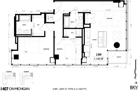 Floor plan for 2 beds, 2 baths, 1149 sqft