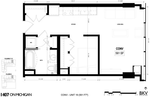 Floor plan for studio, 1 bath, 561 sqft
