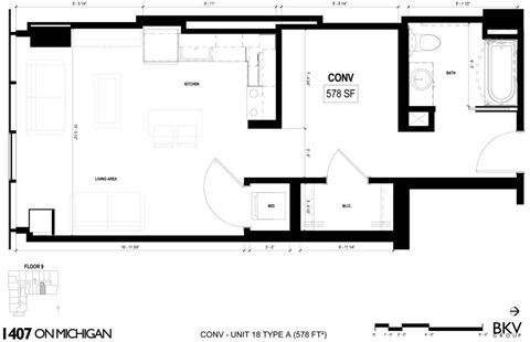 Floor plan for studio, 1 bath, 578 sqft