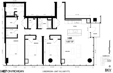 Floor plan for 3 beds, 2 baths, 1687 sqft