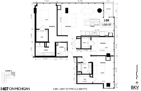 Floor plan for 3 beds, 2 baths, 1699 sqft