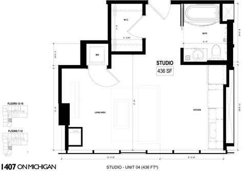 Floor plan for studio, 1 bath, 436 sqft