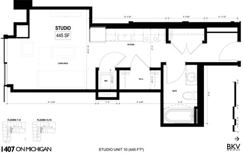 Floor plan for studio, 1 bath, 445 sqft
