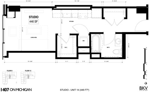 Floor plan for studio, 1 bath, 446 sqft